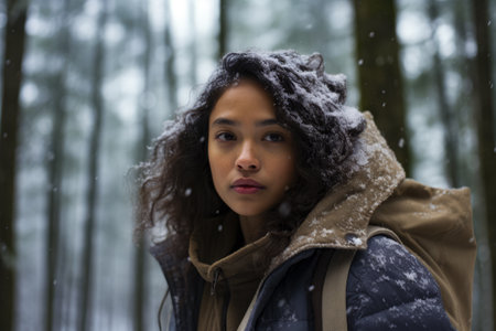 Multiethnic woman enjoying autumn in the woods on a snowy dayの素材