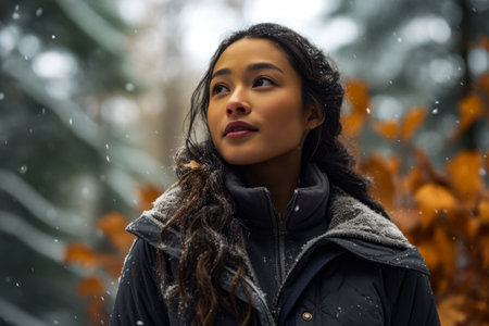 Multiethnic woman enjoying autumn in the woods on a snowy dayの素材