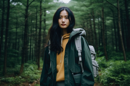 Young asian woman hiking in the woodsの素材