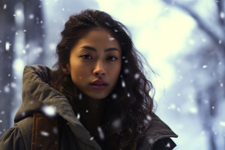 Multiethnic woman enjoying autumn in the woods on a snowy dayの素材