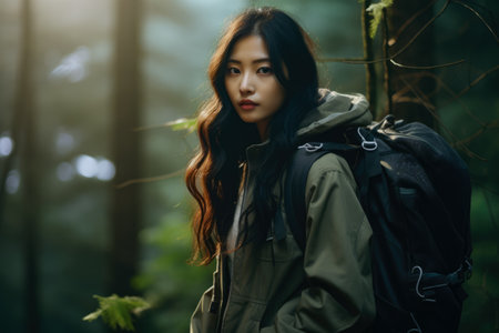 Young asian woman hiking in the woodsの素材