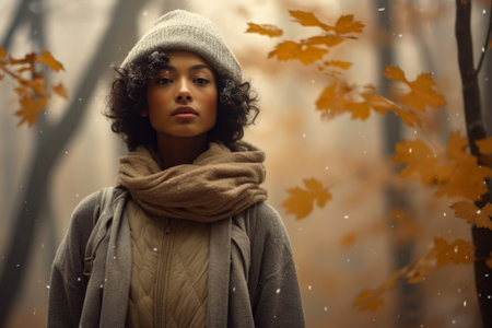 Multiethnic woman enjoying autumn in the woods on a snowy dayの素材