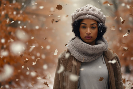 Multiethnic woman enjoying autumn in the woods on a snowy dayの素材