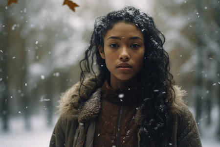 Multiethnic woman enjoying autumn in the woods on a snowy dayの素材