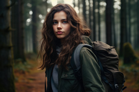 Young woman hiking in the woodsの素材
