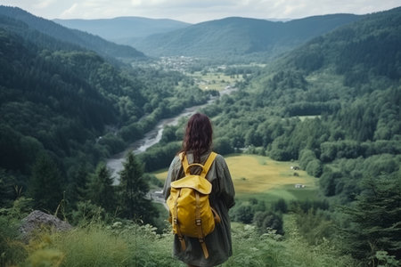 Young woman hiking in the mountainsの素材