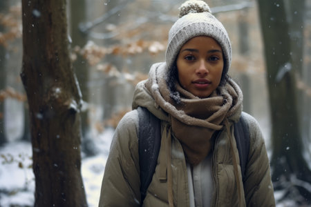 Multiethnic woman enjoying autumn in the woods on a snowy dayの素材