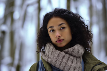 Multiethnic woman enjoying autumn in the woods on a snowy dayの素材