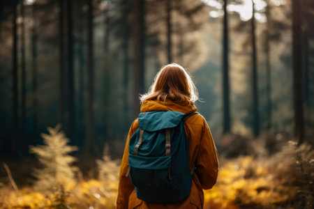 Young woman hiking in the woodsの素材