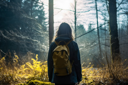 Young woman hiking in the woodsの素材