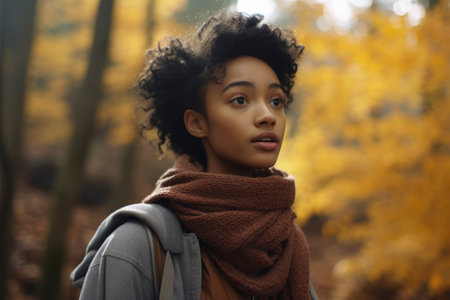Multiethnic woman enjoying autumn in the woodsの素材
