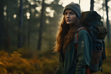 Young woman hiking in the woodsの素材