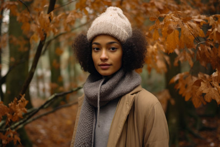 Multiethnic woman enjoying autumn in the woods on a snowy dayの素材