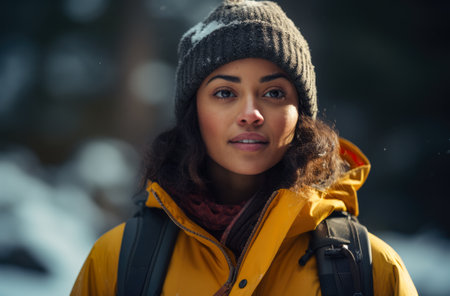 Portrait of a multiethnic woman hiker in winterの素材