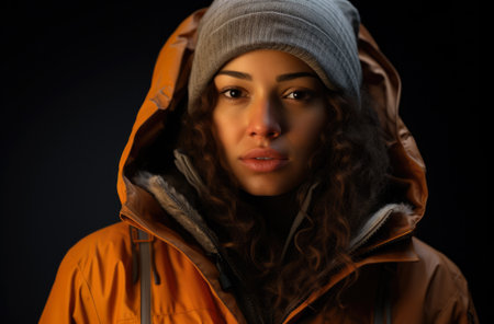 Portrait of a multiethnic woman hiker in winterの素材