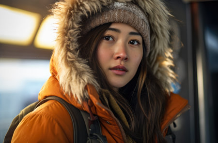 Portrait of an Asian woman hiker in winterの素材