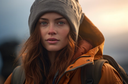 Portrait of a woman hiker in winterの素材