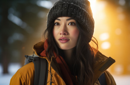 Portrait of an Asian woman hiker in winterの素材
