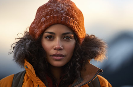 Portrait of a multiethnic woman hiker in winterの素材