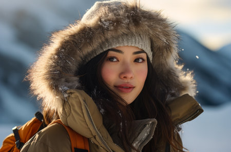 Portrait of an Asian woman hiker in winterの素材