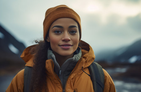 Portrait of a multiethnic woman hiker in winterの素材