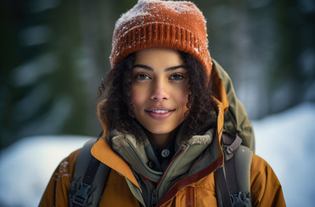 Portrait of a multiethnic woman hiker in winterの素材