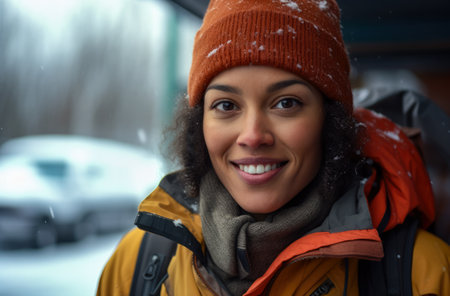 Portrait of a multiethnic woman hiker in winterの素材