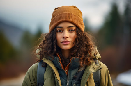 Portrait of a multiethnic woman hiker in winterの素材