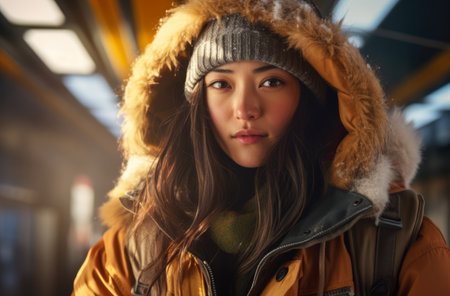 Portrait of an Asian woman hiker in winterの素材
