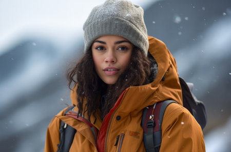 Portrait of a multiethnic woman hiker in winterの素材