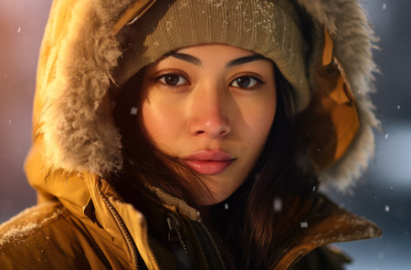 Portrait of an Asian woman hiker in winterの素材