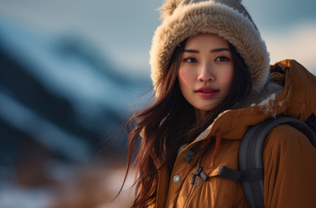 Portrait of an Asian woman hiker in winterの素材