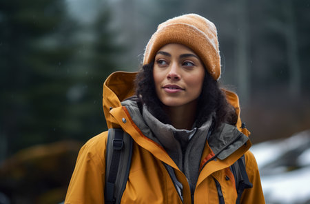 Portrait of a multiethnic woman hiker in winterの素材
