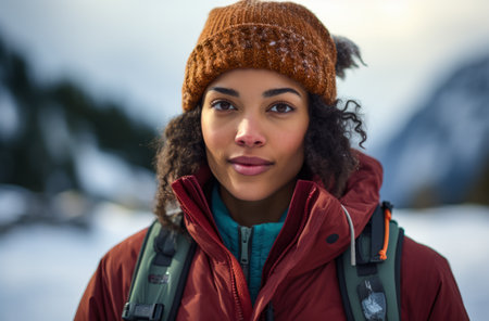 Portrait of a multiethnic woman hiker in winterの素材