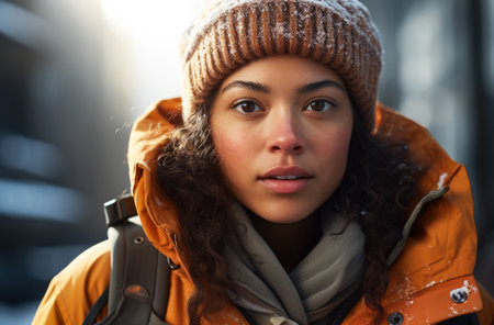Portrait of a multiethnic woman hiker in winterの素材