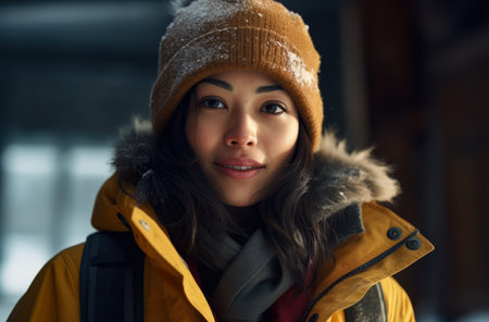 Portrait of an Asian woman hiker in winterの素材