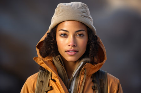 Portrait of a multiethnic woman hiker in winterの素材