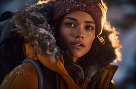 Portrait of a multiethnic woman hiker in winterの素材