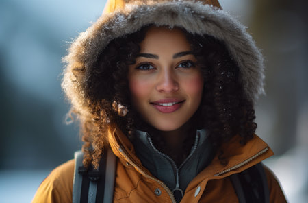 Portrait of a multiethnic woman hiker in winterの素材