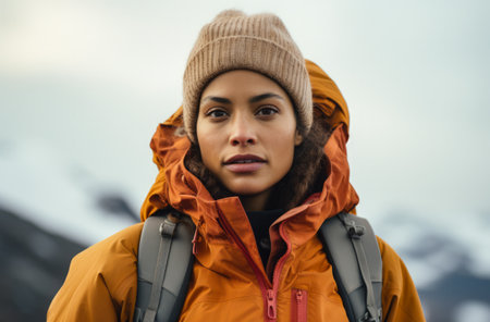 Portrait of a multiethnic woman hiker in winterの素材