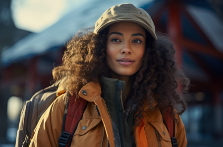 Portrait of a multiethnic woman hiker in winterの素材