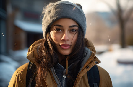 Portrait of a multiethnic woman hiker in winterの素材