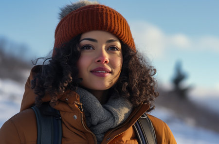 Portrait of a multiethnic woman hiker in winterの素材