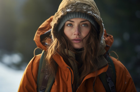 Portrait of a woman hiker in winterの素材