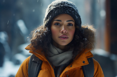 Portrait of a multiethnic woman hiker in winterの素材