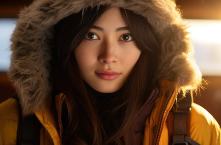 Portrait of an Asian woman hiker in winterの素材