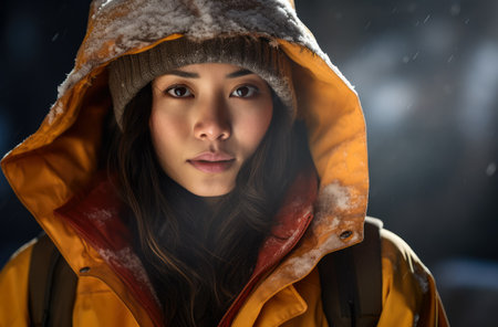 Portrait of an Asian woman hiker in winterの素材