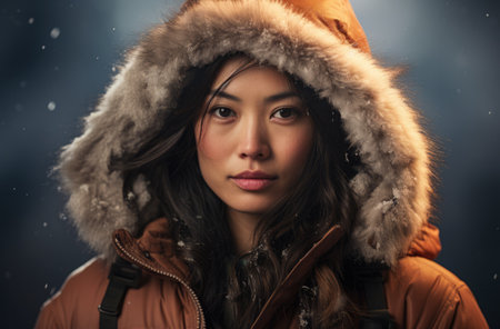 Portrait of an Asian woman hiker in winterの素材