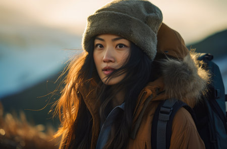 Portrait of an Asian woman hiker in winterの素材