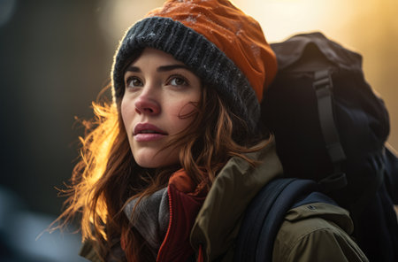 Portrait of a woman hiker in winterの素材
